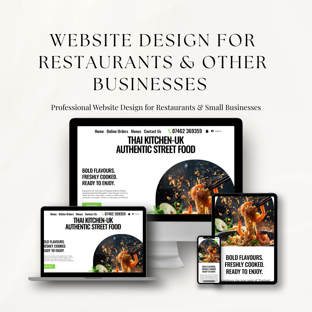 Professional website design for restaurants and UK businesses by Kru Annie Bennett, featuring online menus, booking systems, and mobile-friendly layouts.